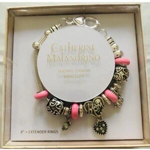 Catherine Malandrino Sliding Charm Bracelet Mom Heart‎ Silver Pink 8" Gift Box